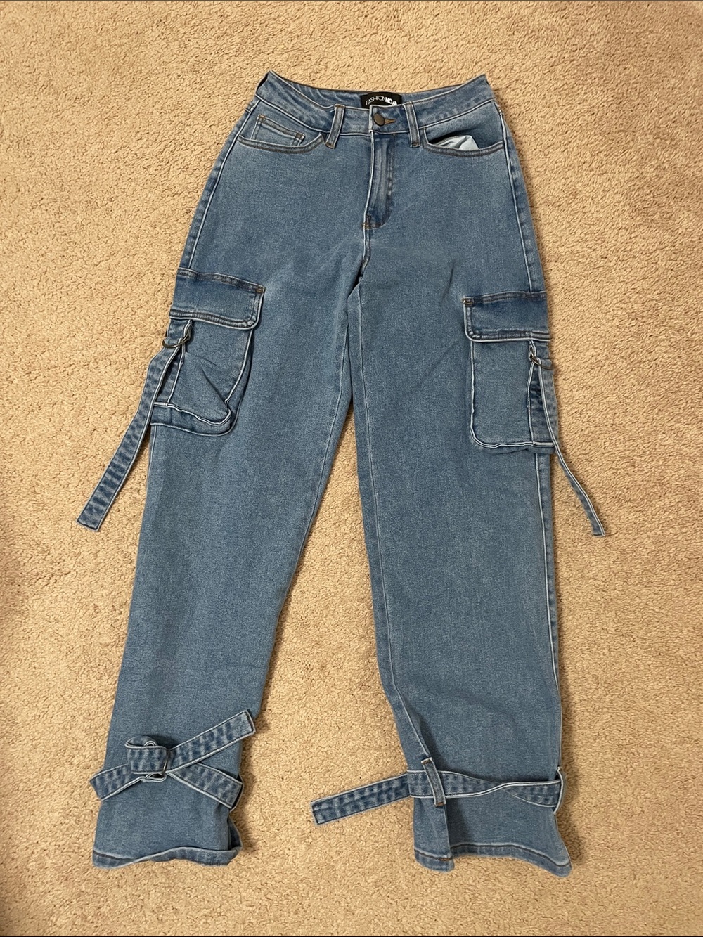Fashion Nova Light Blue Cargo Jeans with Straps